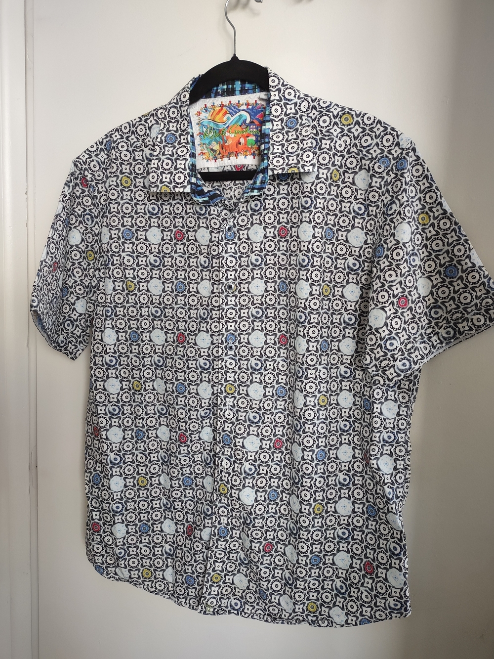 Men's Short-Sleeve Patterned Button-Up Shirt - White/Black with Color Accents